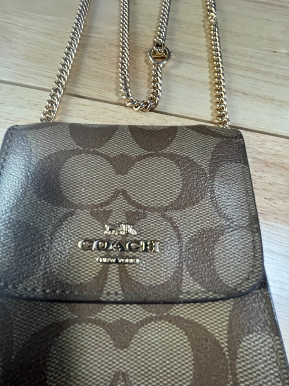 Coach Signature Phone Crossbody Wallet Chain Strap Brown Khaki PVC - Picture 4 of 14